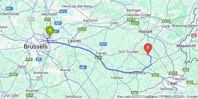 Map: Brussels Zaventem Airport (BRU) to Borgloon