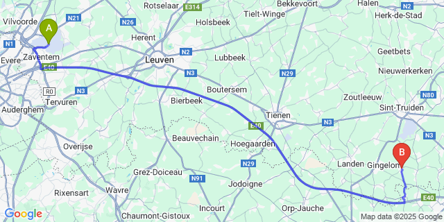 Map: Brussels Zaventem Airport (BRU) to Borlo