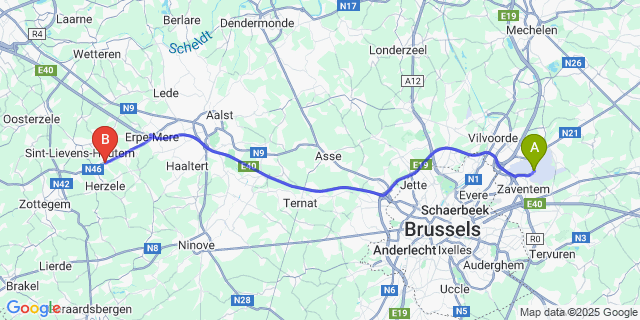 Map: Brussels Zaventem Airport (BRU) to Borsbeke