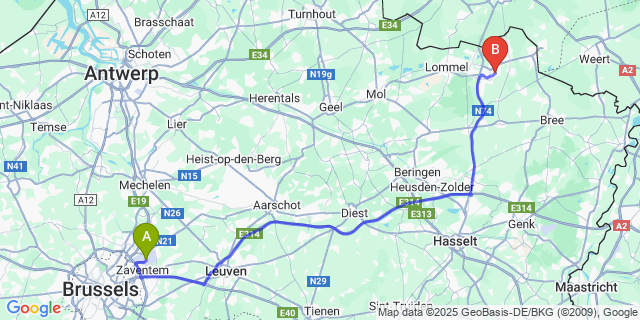 Map: Brussels Zaventem Airport (BRU) to Boseind