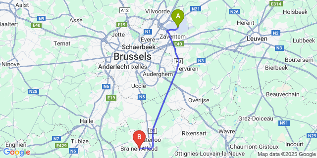 Map: Brussels Zaventem Airport (BRU) to Braine-l’Alleud