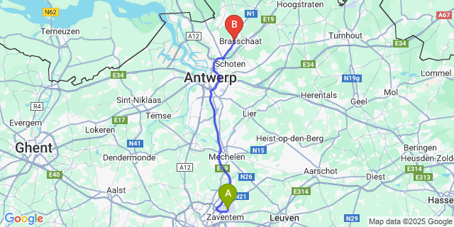 Map: Brussels Zaventem Airport (BRU) to Brasschaat