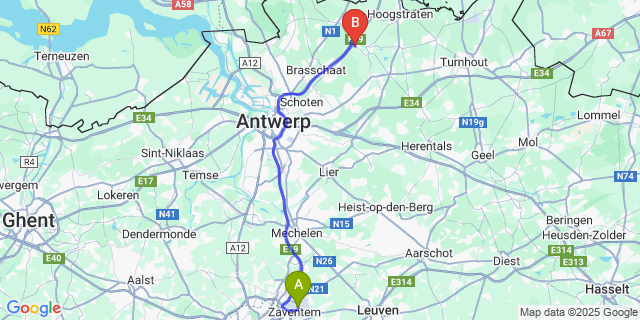 Map: Brussels Zaventem Airport (BRU) to Brecht