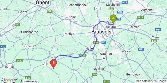 Map: Brussels Zaventem Airport (BRU) to Brugelette