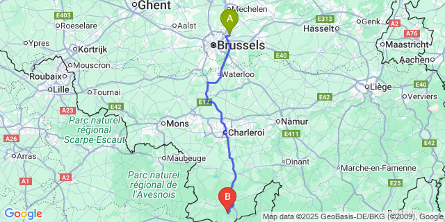 Map: Brussels Zaventem Airport (BRU) to Bruly-de-Pesche