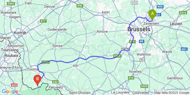 Map: Brussels Zaventem Airport (BRU) to Brunehault