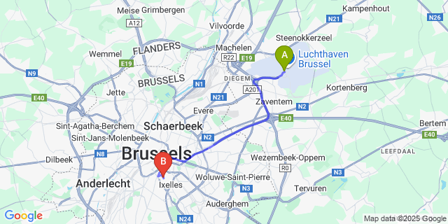 Map: Brussels Zaventem Airport (BRU) to Brussels Benit Ixelles Residence, Brussels