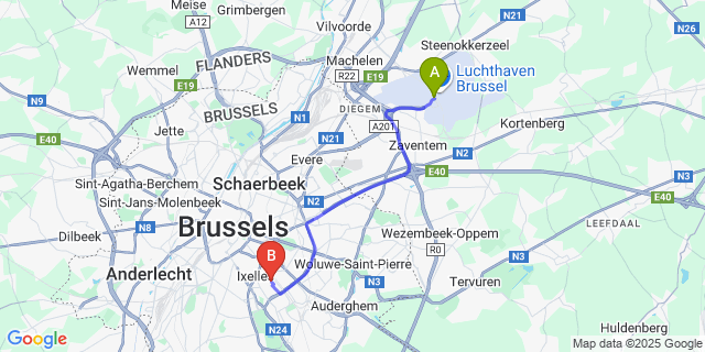 Map: Brussels Zaventem Airport (BRU) to Brussels city (all areas)