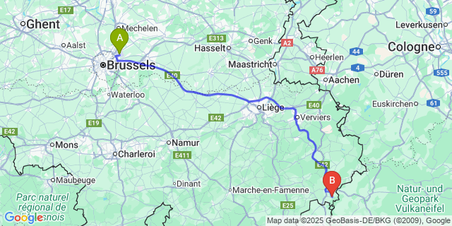 Map: Brussels Zaventem Airport (BRU) to Burg-Reuland