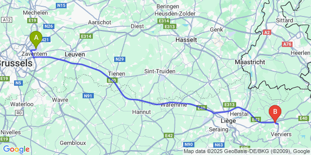 Map: Brussels Zaventem Airport (BRU) to Chaineux