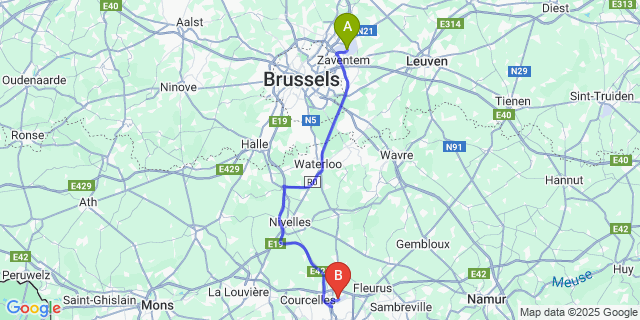 Map: Charleroi Airport Brussels South (CRL) to Brussels Zaventem Airport (BRU)