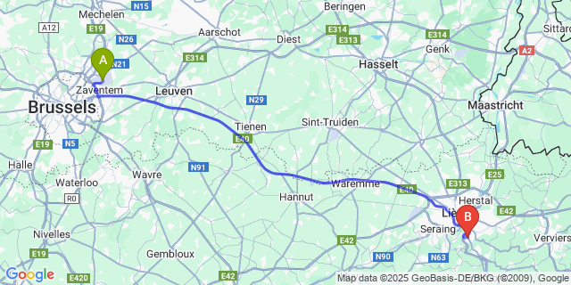 Map: Brussels Zaventem Airport (BRU) to Chaudfontaine