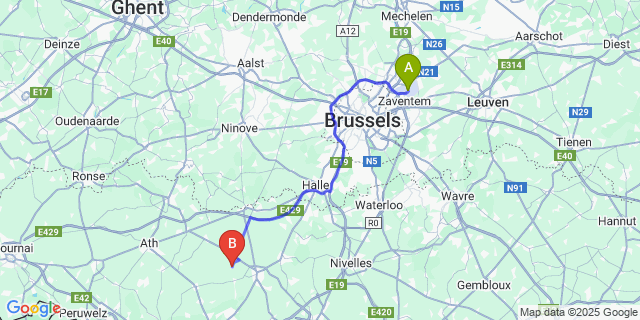 Map: Brussels Zaventem Airport (BRU) to Chaussée-Notre-Dame-Louvignies