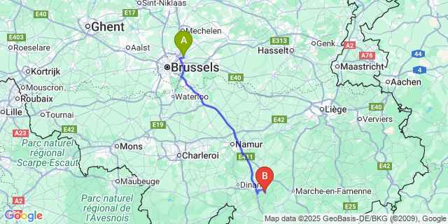 Map: Brussels Zaventem Airport (BRU) to Chevetogne