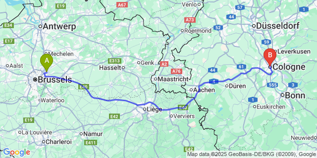 Map: Brussels Zaventem Airport (BRU) to Cologne