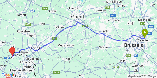 Map: Brussels Zaventem Airport (BRU) to Comines