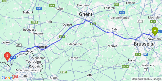 Map: Brussels Zaventem Airport (BRU) to Comines-Warneton