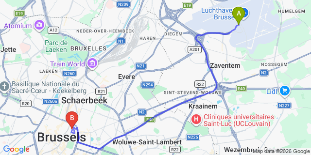 Map: Brussels Zaventem Airport (BRU) to Corinthia Grand Hotel Astoria Brussels