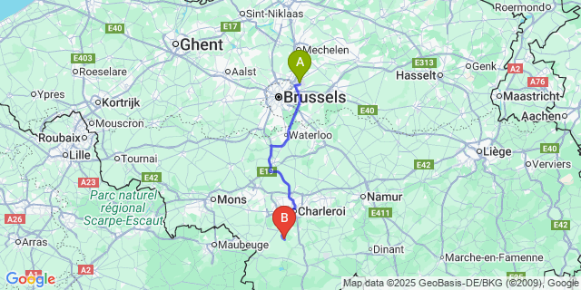 Map: Brussels Zaventem Airport (BRU) to Cour-Sur-Heure