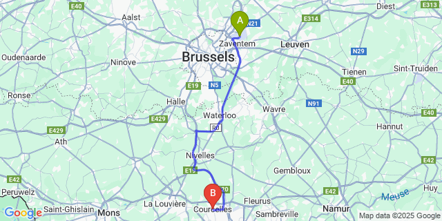 Map: Brussels Zaventem Airport (BRU) to Courcelles