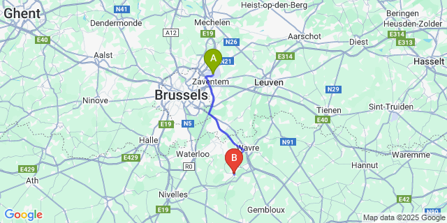 Map: Brussels Zaventem Airport (BRU) to Court-Saint-Étienne