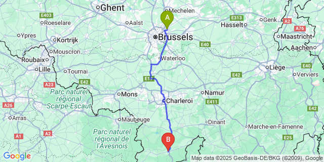 Map: Brussels Zaventem Airport (BRU) to Couvin