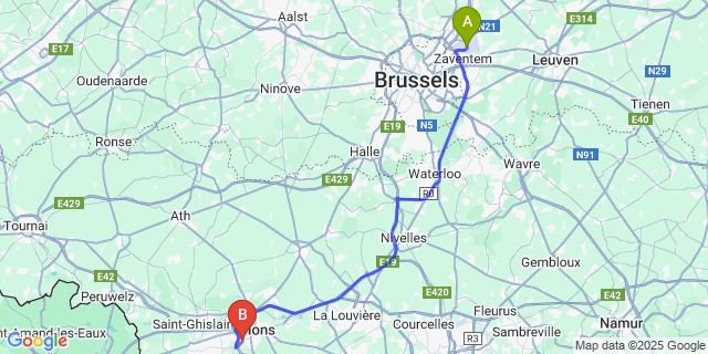 Map: Brussels Zaventem Airport (BRU) to Cuesmes