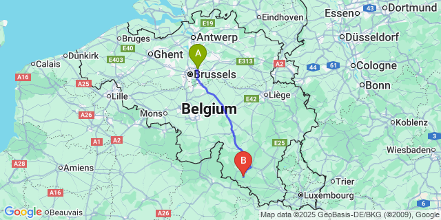 Map: Brussels Zaventem Airport (BRU) to Cugnon