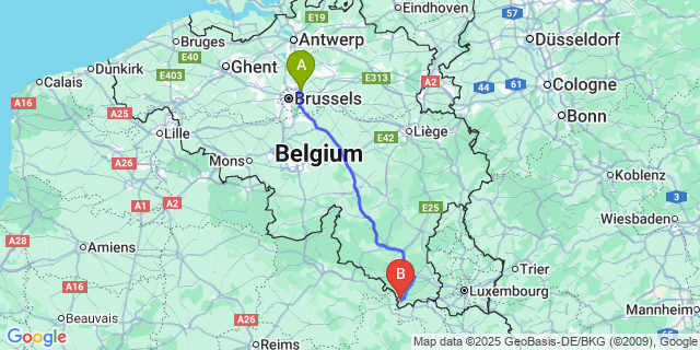 Map: Brussels Zaventem Airport (BRU) to Dampicourt