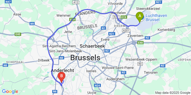 Map: Brussels Zaventem Airport (BRU) to DC Hotel Restaurant Drogenbos, Brussels