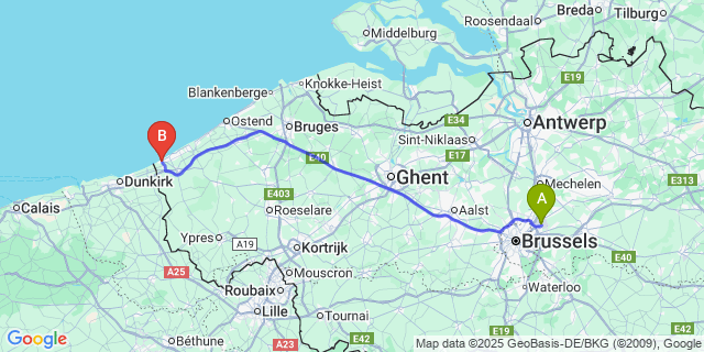 Map: Brussels Zaventem Airport (BRU) to De Panne