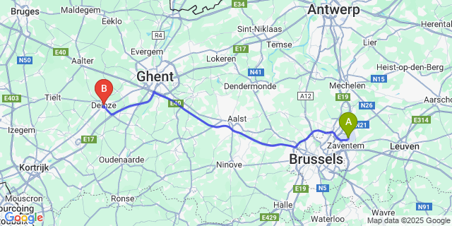 Map: Brussels Zaventem Airport (BRU) to Deinze