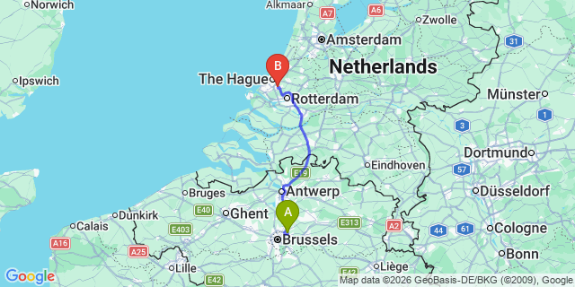 Map: Brussels Zaventem Airport (BRU) to Delft