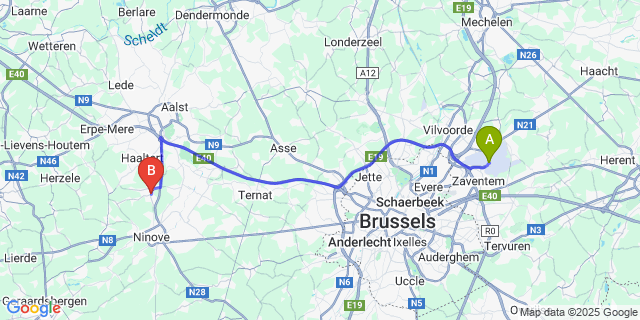 Map: Brussels Zaventem Airport (BRU) to Denderhoutem