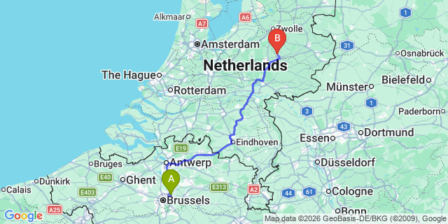 Map: Brussels Zaventem Airport (BRU) to Deventer