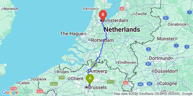 Map: Brussels Zaventem Airport (BRU) to Diemen