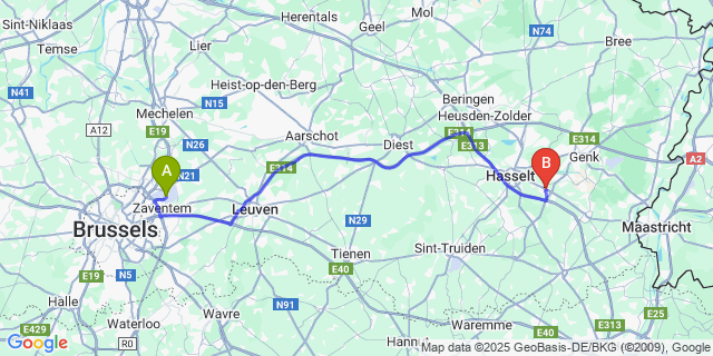 Map: Brussels Zaventem Airport (BRU) to Diepenbeek