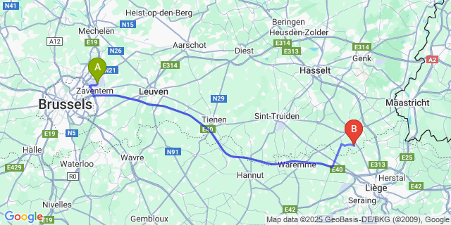 Map: Brussels Zaventem Airport (BRU) to Diets-Heur