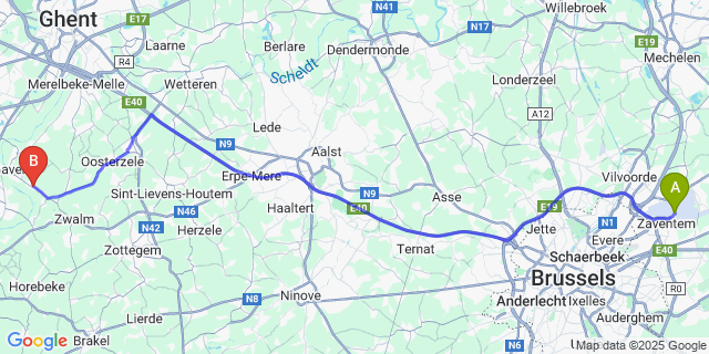 Map: Brussels Zaventem Airport (BRU) to Dikkelvenne