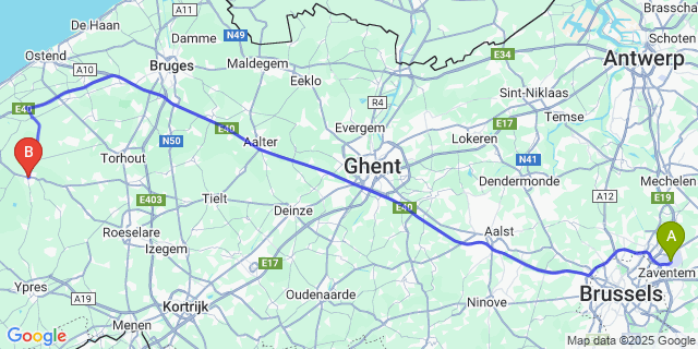 Map: Brussels Zaventem Airport (BRU) to Diksmuide