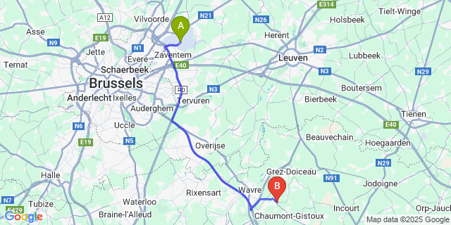 Map: Brussels Zaventem Airport (BRU) to Dion-le-Mont