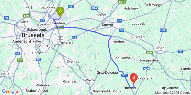 Map: Brussels Zaventem Airport (BRU) to Dongelberg