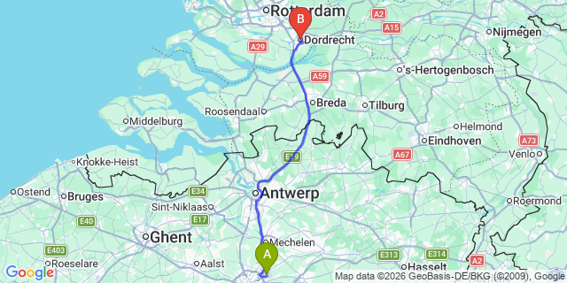 Map: Brussels Zaventem Airport (BRU) to Dordrecht