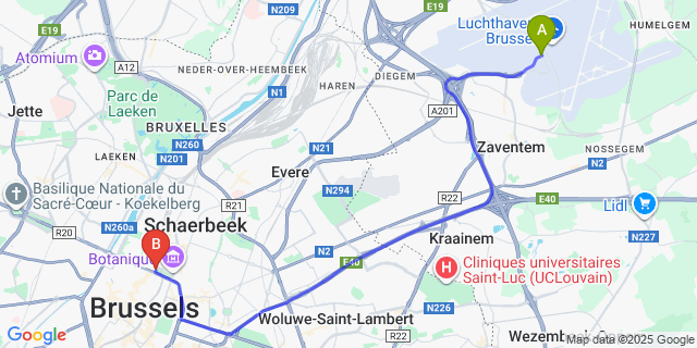 Map: Brussels Zaventem Airport (BRU) to DoubleTree by Hilton Brussels City