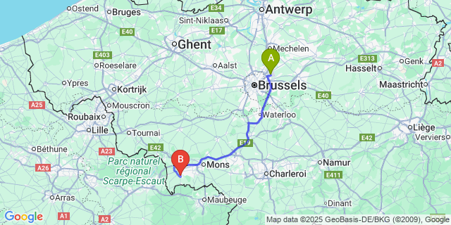 Map: Brussels Zaventem Airport (BRU) to Dour