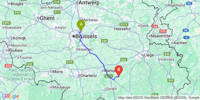 Map: Brussels Zaventem Airport (BRU) to Doyon