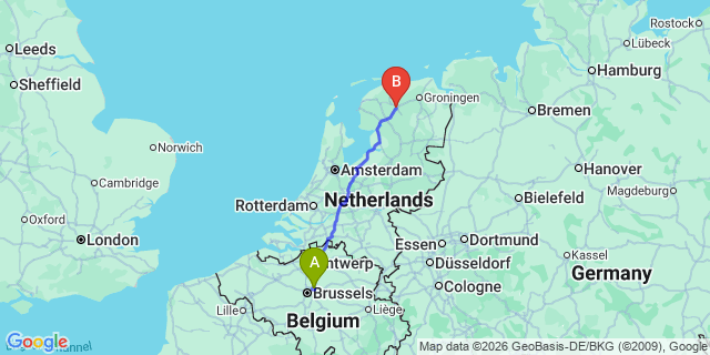 Map: Brussels Zaventem Airport (BRU) to Drachten