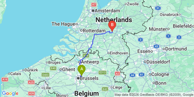 Map: Brussels Zaventem Airport (BRU) to Druten