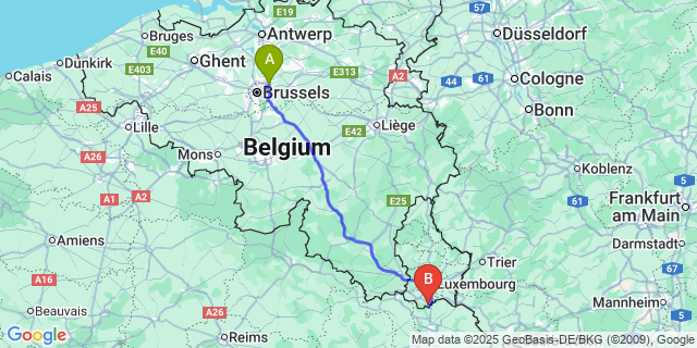 Map: Brussels Zaventem Airport (BRU) to Dudelange