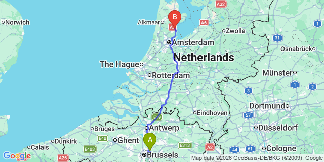 Map: Brussels Zaventem Airport (BRU) to Edam-Volendam
